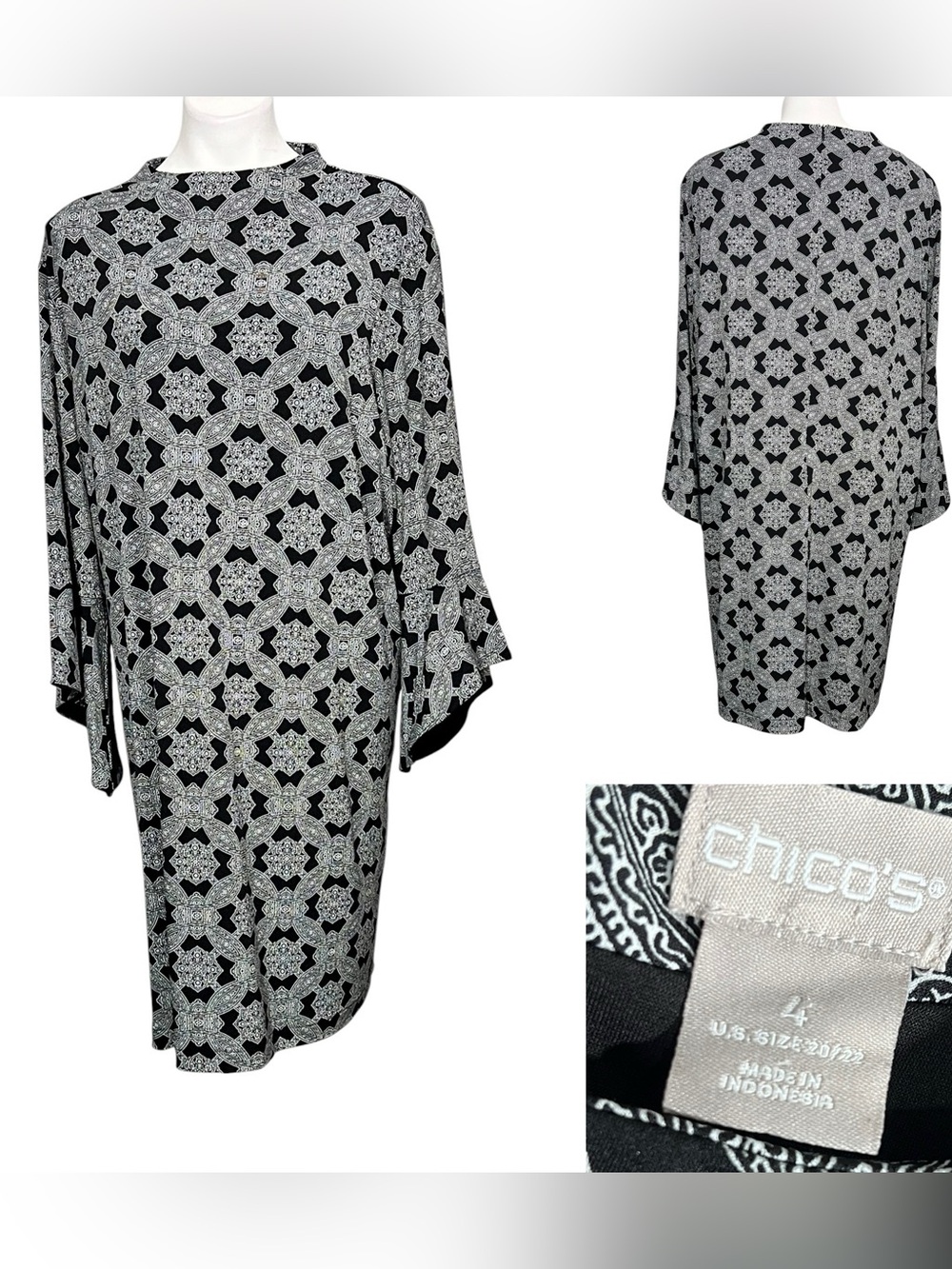 Chico's dress XXL/20 Black/White Geometric Print Shift stretch‎ office church